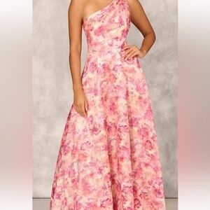 Aidan Mattox One Shoulder Floral Dress in Pinks/Purples/Gold